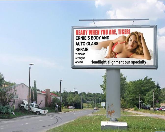 image of sexy billboard causing truck to wreck